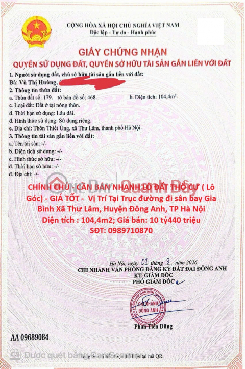 OWNER - URGENT SALE OF RESIDENTIAL LAND PLOT (CORNER PLOT) - GOOD PRICE - Located in Thu Lam Commune, Dong Anh District, Hanoi _0