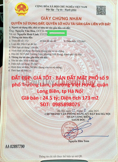 ĐẤT ĐẸP- GIÁ TỐT - BÁN ĐẤT MẶT PHỐ TRƯỜNG LÂM, Quận LONG BIÊN, tp HÀ NỘI _0