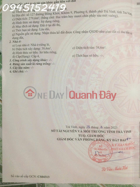 Chính chủ cần bán lô đất siêu đẹp tại Đồng Khởi, phường 6, Trà Vinh, 279,6m2, giá 2,9 tỷ Niêm yết bán