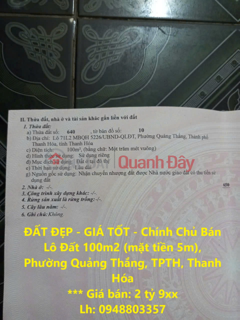 BEAUTIFUL LAND - GOOD PRICE - Owner Sells 100m2 Land Plot (5m frontage),Quang Thang Ward, Thanh Hoa City, Thanh Hoa _0