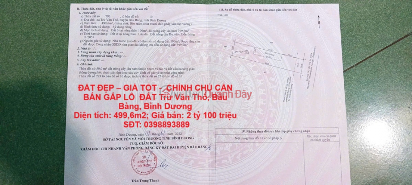 ĐẤT ĐẸP – GIÁ TỐT - CHÍNH CHỦ CẦN BÁN GẤP LÔ ĐẤT Trừ Văn Thố, Bàu Bàng, Bình Dương Niêm yết bán