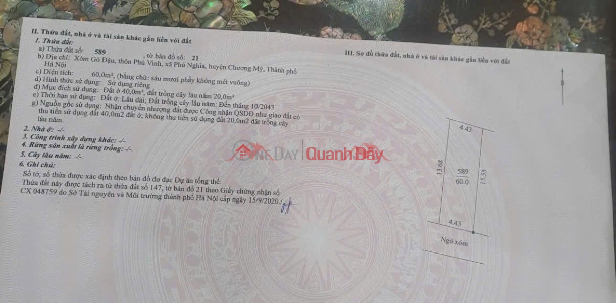 đ 2.2 Billion | OWNER NEEDS TO SELL 60M2 LAND LOT IN PHU NGHIA INDUSTRIAL PARK - CHUONG MY - HANOI