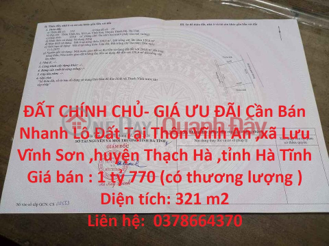 GENERAL LAND - OFFER PRICE Quick Sale Land Lot In Luu Vinh Son commune, Thach Ha district, Ha Tinh province _0