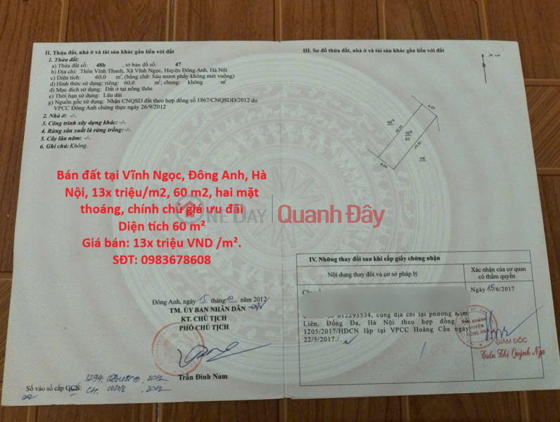 Land for sale in Vinh Ngoc, Dong Anh, Hanoi, 13x million VND\\/m2, 60 m2, two open sides, direct owner, preferential price. Sales Listings