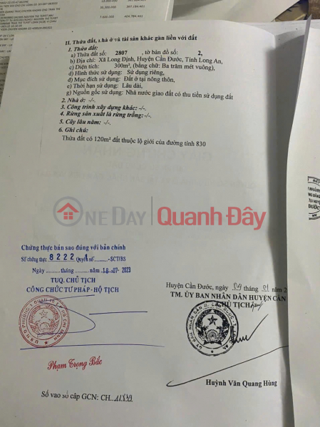 LAND FOR SALE: AREA 1201M2 (300M2 RESIDENTIAL LAND),FRONTAGE 16.5M, TITLE DEED AVAILABLE, LOCATED ON DT830 ROAD, CAN DUOC DISTRICT, LONG AN PROVINCE, Vietnam Sales, đ 19.22 Billion