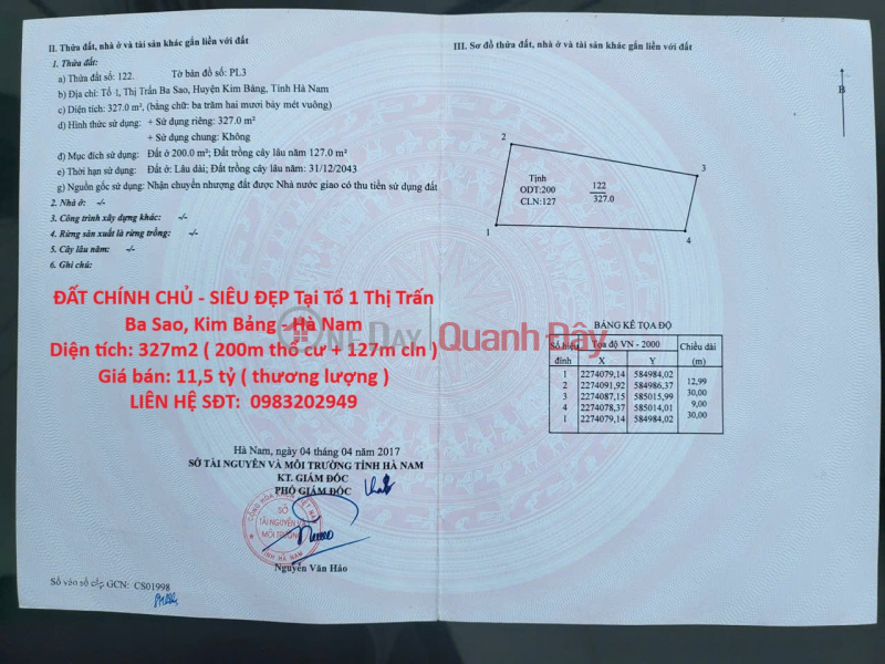 Land with clear ownership - exceptionally beautiful location at Group 1, Ba Sao Town, Kim Bang District, Ha Nam Province. Sales Listings