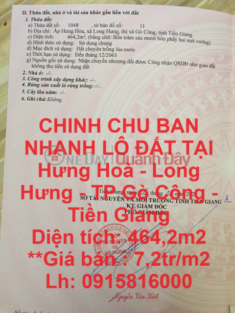 CHÍNH CHỦ BÁN NHANH LÔ ĐẤT TẠI Hưng Hoà - Long Hưng - TP Gò Công - Tiền Giang _0