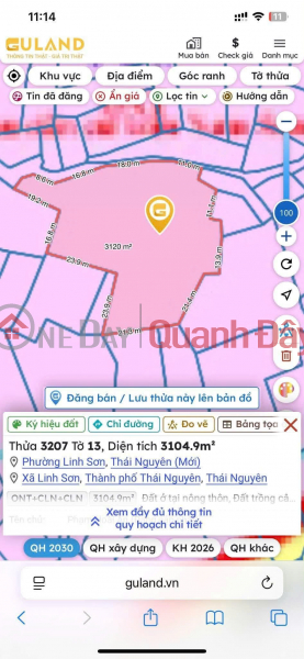 Land for sale, 3104.9m2 (1000m2 residential land) in Linh Son, Thai Nguyen. Sales Listings