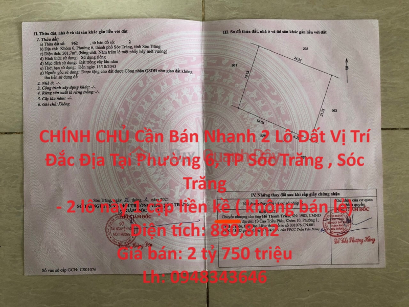 OWNER Needs To Quickly Sell 2 Lots Of Land Prime Location In Ward 6, Soc Trang City, Soc Trang Sales Listings