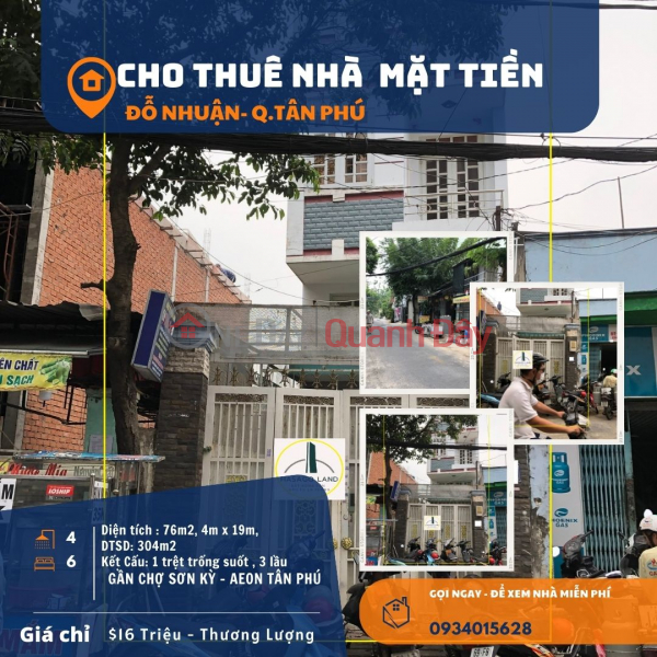 Cho thuê nhà Mặt Tiền Đỗ Nhuận 76m2, 3Lầu, 16Triệu, gần chợ Sơn Kỳ Niêm yết cho thuê