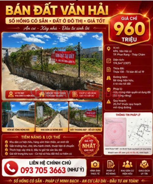 UNDER 1 BILLION VND, OWN 174.5M² OF RESIDENTIAL LAND IN VAN HAI WARD - PHAN RANG-THAP CHAM CITY – PRICE 960 MILLION VND Sales Listings