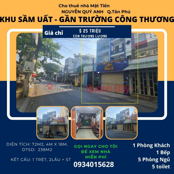 Cho thuê nhà mặt tiền Nguyễn Quý Anh 72m2, 2LẦU + ST, 25Triệu Niêm yết cho thuê