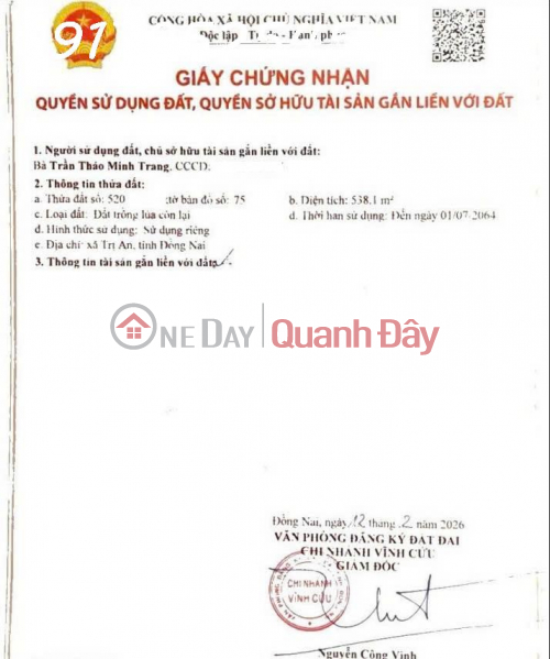 Prime property - Selling a stunning plot of land, 100% zoned for residential use, in Tri An, Dong Nai, at an investment price. Sales Listings