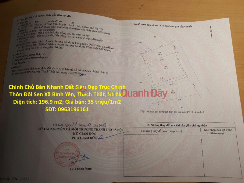 Owner selling quickly a prime plot of land on the main road of Doi Sen Hamlet, Binh Yen Commune, Thach That District, Hanoi. Sales Listings