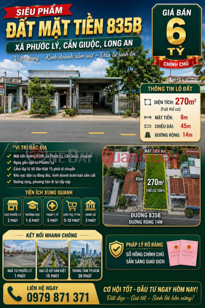 Siêu phẩm đất mặt tiền 835B, xã Phước Lý, Cần Giuộc, Long An, DT 270m2, giá đầu tư Niêm yết bán