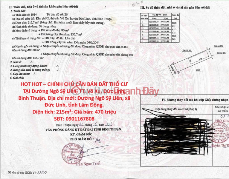 HOT HOT – OWNER NEEDS TO SELL RESIDENTIAL LAND ON NGO SY LIEN STREET, VO XU TOWN, DUC LINH CITY, BINH THUAN PROVINCE. Sales Listings