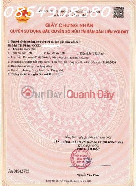 Owner needs to sell land with separate title deed in Ho Nai Ward, Bien Hoa, Dong Nai, area 560m2, price 5.9 billion VND. Sales Listings