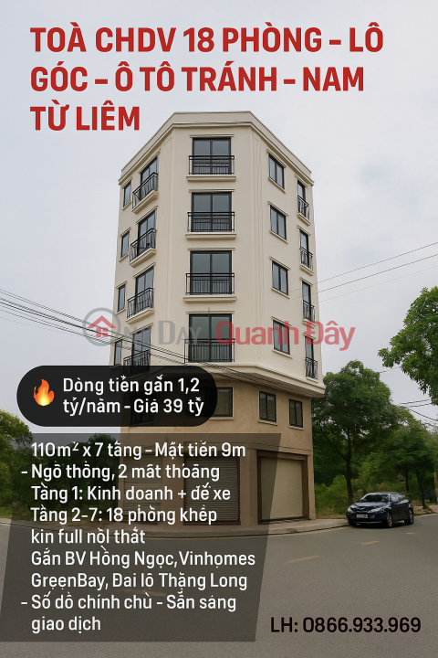 SIÊU PHẨM TOÀ NHÀ CHDV – LÔ GÓC – Ô TÔ TRÁNH – NGÕ THÔNG – DÒNG TIỀN GẦN 1,2 TỶ/NĂM _0