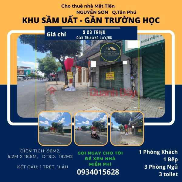 Cho thuê nhà mặt tiền Nguyễn Sơn 96m2, 1 Lầu, 23 triệu - gần trường học Niêm yết cho thuê