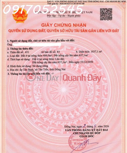 Owner needs to sell land in Tan Tien commune, Bu Dop district, area 1,037m2, with 400m2 of residential land already available, investment price. Sales Listings