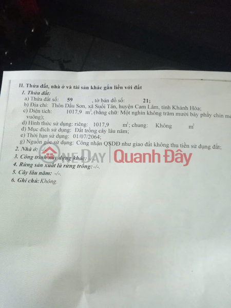 BÁN LÔ ĐẤT ĐẸP GIÁ TỐT TẠI Thôn Dầu Sơn. xã Suối Tân, huyện Cam Lâm Niêm yết bán
