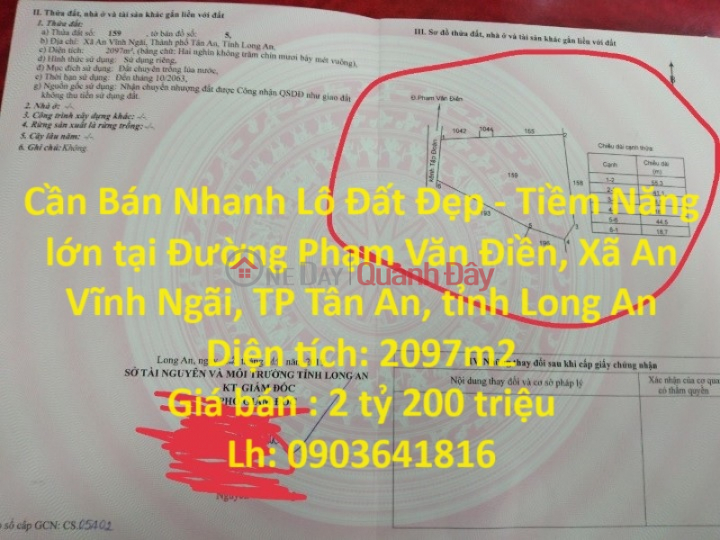 Cần Bán Nhanh Lô Đất Đẹp - Tiềm Năng lớn tại Thành phố Tân An, tỉnh Long An Niêm yết bán