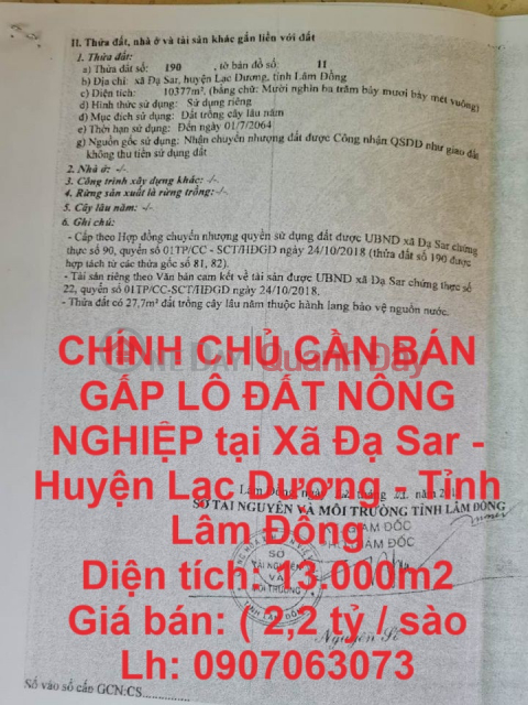 CHÍNH CHỦ CẦN BÁN GẤP LÔ ĐẤT NÔNG NGHIỆP tại Xã Đạ Sar - Huyện Lạc Dương - Tỉnh Lâm Đồng _0