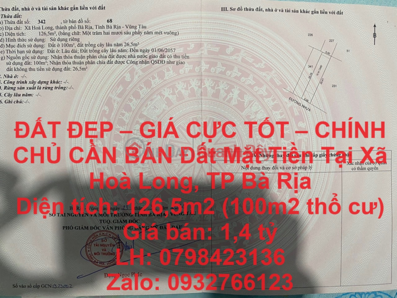 ĐẤT ĐẸP – GIÁ CỰC TỐT – CHÍNH CHỦ CẦN BÁN Đất Mặt Tiền Tại Xã Hoà Long, TP Bà Rịa Niêm yết bán